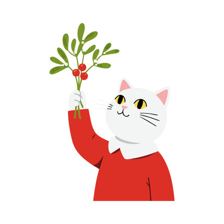 White cat wearing a red sweater holds a green mistletoe branch with red berries, creating a cheerful holiday atmosphere. Playful and festive mood.のイラスト素材