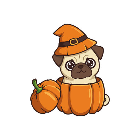Vector illustration of a cute pug dog inside an orange pumpkin wearing a witch hat, perfect for Halloween-themed designs and decorations. Playful mood.のイラスト素材