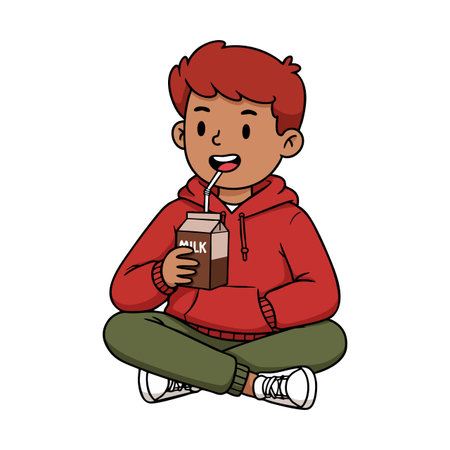Young boy enjoys chocolate milk while sitting cross-legged, wearing a red hoodie and green pants, in a cheerful and relaxed mood.のイラスト素材