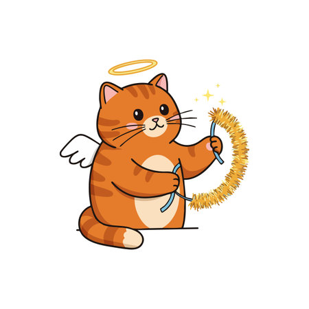 Illustration shows a chubby orange tabby cat angel with white wings and halo holding a glowing golden sparkler, creating a magical festive atmosphere. Cheerful mood.のイラスト素材