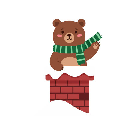 This vector shows a cute brown bear waving from a red brick chimney wearing a green scarf in winter season. Friendly and playful mood.のイラスト素材