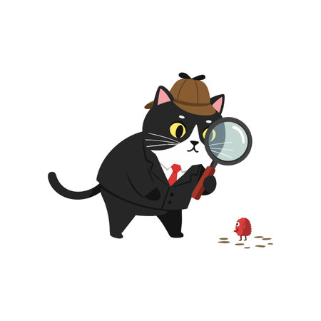 Vector illustration shows a black cat detective closely examining a small red bird with a magnifying glass, dressed in suit and hat, playful mood.のイラスト素材