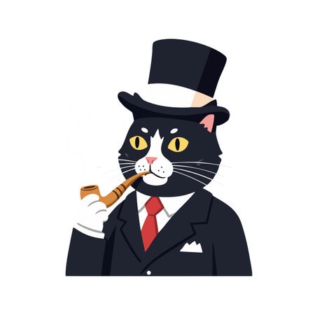 Illustration of a black cat dressed as a gentleman with a top hat and smoking a pipe, exuding sophistication and charm. Elegant mood.のイラスト素材