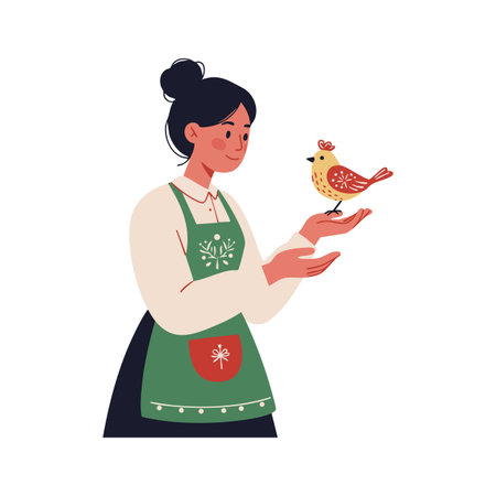 Illustration of a woman gently holding a small bird on her hand, wearing a green apron with floral decoration, calm and peaceful mood.のイラスト素材