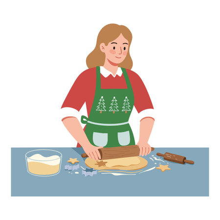 Woman uses rolling pin to flatten dough on table for baking cookies in festive environment, wearing Christmas-themed apron, cheerful mood.のイラスト素材