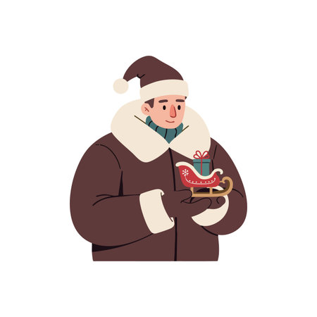 Illustration of a man dressed in warm winter clothes holding a Christmas sleigh decoration, conveying festive and cozy winter atmosphere.のイラスト素材