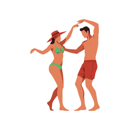 Man and woman dancing together in summer beachwear, enjoying warm weather and vacation mood, capturing dynamic movement and joyful atmosphere.のイラスト素材