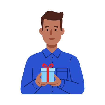 Illustration shows a man in a blue shirt holding a gift box with a red ribbon, symbolizing celebration or gift-giving mood. Cheerful.のイラスト素材