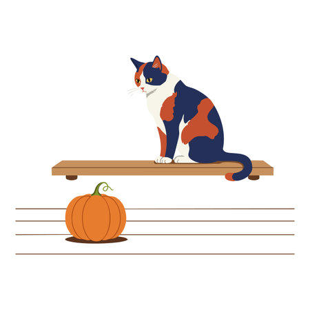 Vector illustration features a calico cat perched on a wooden shelf with an orange pumpkin below, evoking autumn and cozy atmosphere. Calm mood.のイラスト素材
