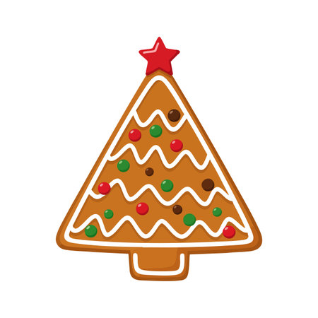 Illustration of a gingerbread Christmas tree decorated with icing and colorful candies representing festive holiday spirit, cheerful mood.のイラスト素材