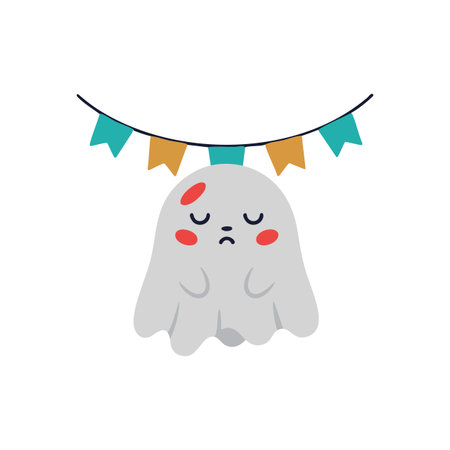 Illustration shows a sad ghost with closed eyes and red cheeks hanging beneath colorful flags on a string, evoking a gentle mood.のイラスト素材