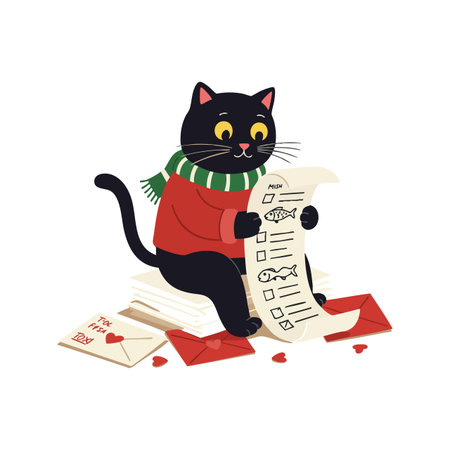 Black cat in red sweater and green scarf reads a detailed checklist on a long paper with envelopes and hearts, presenting a cozy and cute mood.のイラスト素材