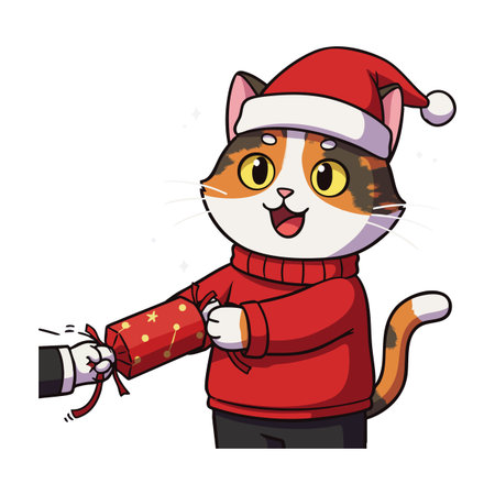 A cheerful cat wearing a red sweater and Santa hat gives a Christmas gift in a festive holiday scene. Bright and joyful mood.のイラスト素材