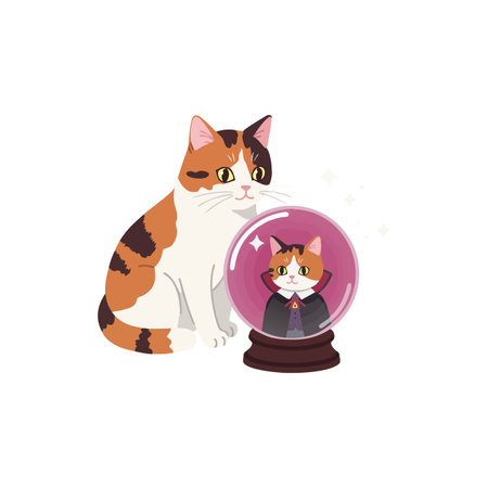 Illustration shows a calico cat beside a snow globe containing a smaller cat figure, presenting a charming and whimsical scene, playful mood.のイラスト素材