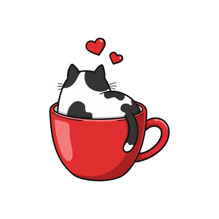 This vector shows a black and white cat sitting inside a red cup with hearts above, expressing affection and warmth. Charming and playful.のイラスト素材