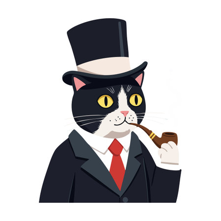 Vector illustration of a black and white cat wearing a top hat and smoking a pipe while dressed in a formal suit and red tie, elegant and whimsical mood.のイラスト素材