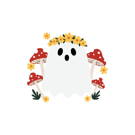 Ghost character with flower crown stands among red mushrooms and yellow flowers in a playful and whimsical style, creating a charming mood.のイラスト素材