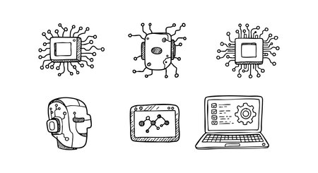 This vector set presents hand-drawn icons of artificial intelligence and computer chip technology, including a robot head and laptop, in a creative style. Innovative mood.のイラスト素材