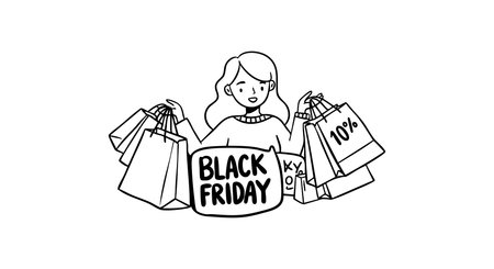 Illustration shows a woman holding multiple shopping bags with Black Friday and discount signs, depicting a busy shopping scene, lively mood.のイラスト素材