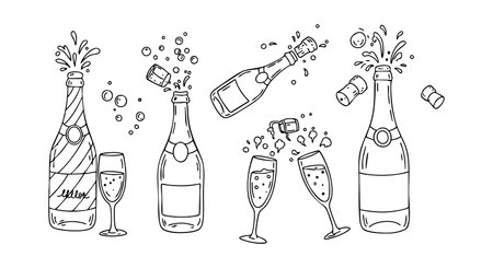 Vector illustration shows champagne bottles and glasses with popping corks and bubbles creating festive celebration mood.のイラスト素材