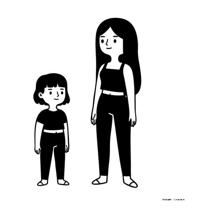 Two girls stand side by side wearing black outfits in a simple vector style, conveying calm and...