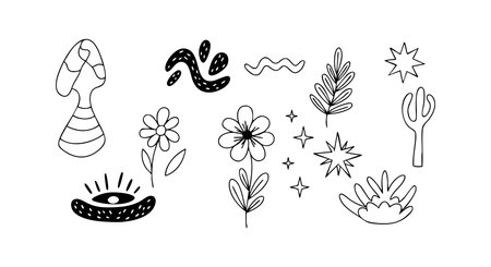 The vector illustration shows abstract hand drawn floral and nature elements including stars, leaves, flowers, and waves in simple black line style, calm.のイラスト素材