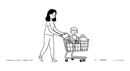 Woman pushes a shopping cart with a child and groceries in a simple black and white line art style, creating a calm and everyday mood.のイラスト素材