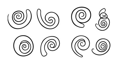 This vector illustration presents various black spiral shapes in a simple line art style, arranged evenly in a grid layout. Minimalist design, calm.のイラスト素材