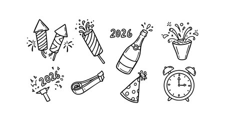 Vector illustration shows New Year 2026 celebration items with fireworks, party hat, bottle, and alarm clock in black and white style, festive mood.のイラスト素材