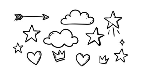 Vector illustration shows hand drawn doodle elements including stars, crowns, hearts, clouds, and an arrow in black outline style, playful mood.のイラスト素材