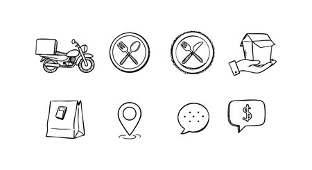 This vector illustration shows food delivery icons including motorcycle, utensils, location pin, chat bubble, and dollar sign in a simple line style, clear and minimalistic. Calm mood.のイラスト素材