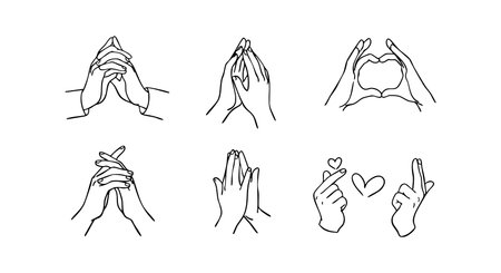 This vector shows six hand gesture outlines expressing love and prayer in black and white with a clean minimalist style, conveying calm and peaceful mood.のイラスト素材