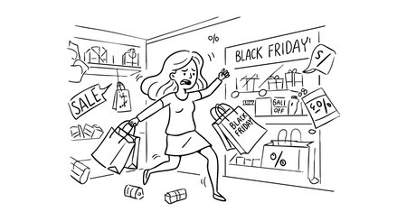 Woman runs holding shopping bags in a store with Black Friday sale signs and discount tags creating a busy shopping mood.のイラスト素材