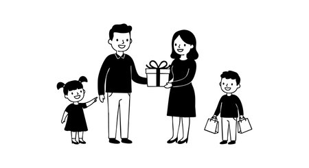 Family with two children exchanging a gift, symbolizing celebration and togetherness in a cheerful mood.のイラスト素材
