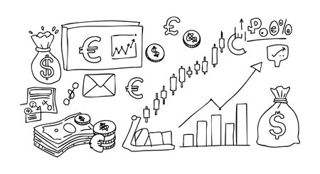 Illustration shows financial growth chart, currency symbols, money bags, coins, and graphs in black outline style, conveying business progress mood.のイラスト素材
