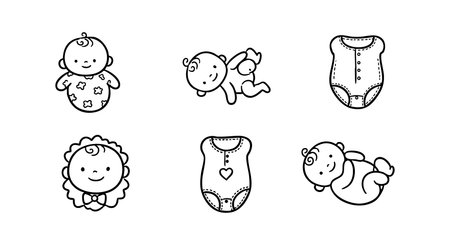 This vector features simple black line drawings of babies in various playful poses and bodysuit clothing, conveying innocence and joy. Cheerful mood.のイラスト素材