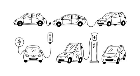 Vector illustration shows electric cars connected to charging stations promoting eco friendly transport and clean energy usage. Modern and innovative mood.のイラスト素材