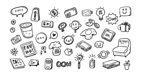 This vector features hand drawn communication and technology icons including devices, symbols, and speech bubbles in a casual style. Playful mood.のイラスト素材