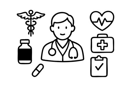 This vector shows a medical doctor surrounded by healthcare symbols including medicine bottle, heart with pulse, and checklist in a clear black line style. Professional mood.のイラスト素材