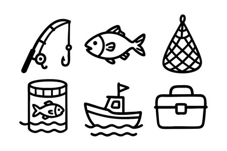 This vector set shows fishing rod, fish, net, can, boat, and tackle box icons in black outline style, conveying outdoor leisure mood.のイラスト素材