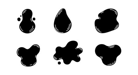 Vector image shows six black ink splatters with different abstract shapes on white background, simple and versatile design element, creative mood.のイラスト素材