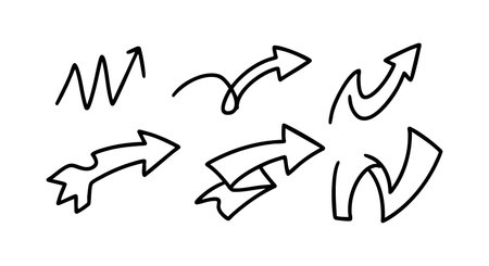 Illustration shows six black hand drawn arrows in different shapes pointing in various directions with simple lines and curves, conveying movement. Calm.のイラスト素材