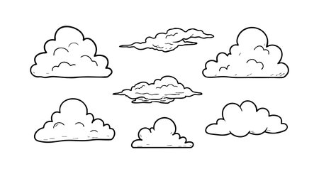 This vector illustration shows seven hand drawn cloud shapes with simple line art style, creating a light and airy feeling overall. Calm mood.のイラスト素材