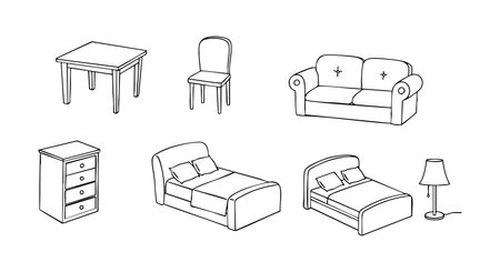 Vector illustration shows home furniture including table, chair, sofa, beds, dresser, and lamp in simple line style. Clean and minimal.のイラスト素材