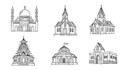 This vector image displays six religious buildings including a mosque, churches, temple, and pagoda in black line art style. Calm and simple mood.のイラスト素材