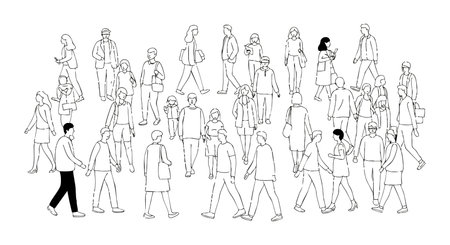 Illustration shows diverse people walking and moving in various directions, capturing dynamic urban activity and social interaction. Energetic mood.のイラスト素材