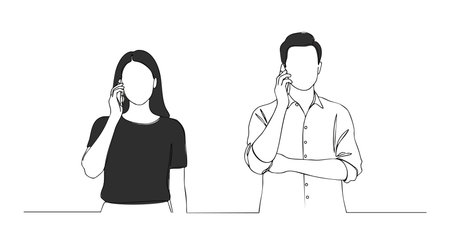 This vector illustration shows a man and woman talking on mobile phones connected by a wire in a simple black and white style, calm mood.のイラスト素材
