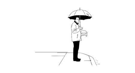 Illustration shows man standing on street corner holding umbrella and box in minimalist black and white style. The mood is calm and reflective.のイラスト素材