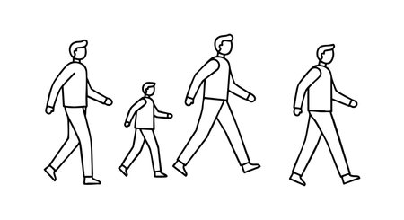 Vector illustration depicts a man walking through different ages and sizes in a simple line art style, conveying motion and growth. Calm.のイラスト素材