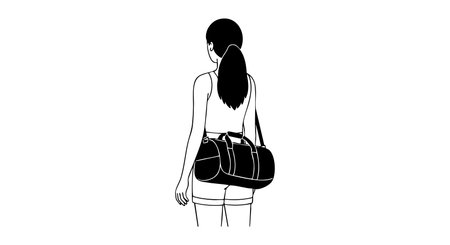 Illustration shows a woman carrying a duffel bag walking away in black and white style, conveying simplicity and movement mood.のイラスト素材